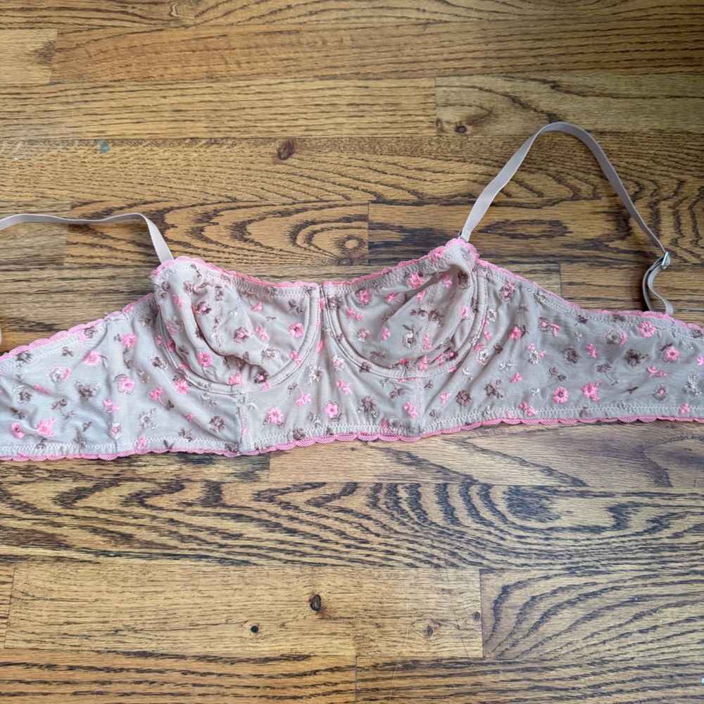 aerie Sheer Beige Bra with Pink Floral Embroidery